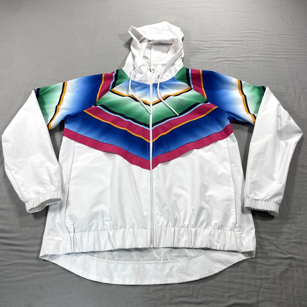Fila Sport Jacket Womens Large White Striped Windbreaker Full Zip Hood Ladies
